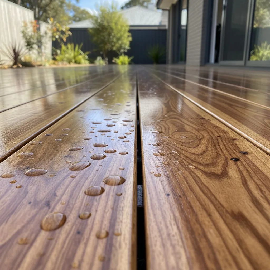 Close view of wet timber deck boards with water droplets and visible gaps