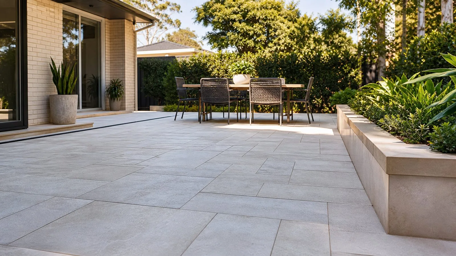 Grey paved patio beside sliding doors, outdoor furniture and a raised garden bed